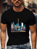 Men's T-Shirt Golden Angel Over City Skyline With Vibrant Urban Landscape Monument