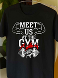 Men's T-Shirt Meet Us At The Gym Flaming Barbell With Flexing Muscles Graphic Design