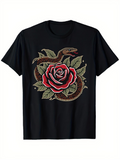 Men's T-Shirt Vintage Red Rose With Coiling Brown Snake Among Lush Green Leaves