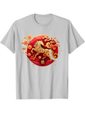 Men's T-Shirt Golden Swirling Horse With Blossoms Over Red Sun Disc