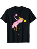 Men's T-Shirt Playful Pink Flamingo With Yellow Trumpet On Black Shirt