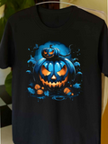Men's T-Shirt Glowing Carved Pumpkins Amid Blue Moonlit Darkness Pumpkin