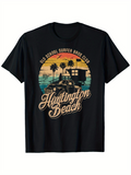Men's T-Shirt Old School Surfer Surfing On Sunset Beach With Palm Trees Ocean And Vintage Car