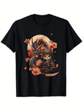 Men's T-Shirt Cherry Blossom Night With Moonlit Fierce Samurai Cat And Warrior Dragon
