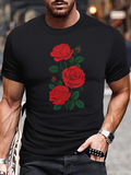 Men's T-Shirt Vivid Red Blooms With Green Leaves Centered On Black Rose