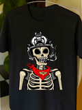 Men's T-Shirt Skeleton Wearing Helmet And Red Bandana With Bold Expression