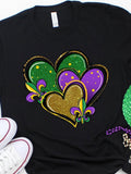 Women's T-Shirt Sparkling Glittery Hearts With Fleur De Lis On Black Tee