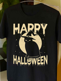 Men's T-Shirt Happy Halloween Witch Hat Black Cat Under Full Moon