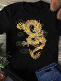 Men's T-Shirt Blazing Golden Flames Swirling Among Curling Mystical Smoke Dragon