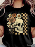 Women's T-Shirt Vintage Wildflowers And Checkered Pattern Featuring A Human Skull
