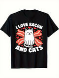 Men's T-Shirt I Love Bacon And Cats Surrounded By Red Hearts With White Cute Cat