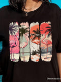 Women's T-Shirt Tropical Sunset With Flamingos Palm Trees And Vibrant Colored Sky Flamingo