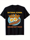 Men's T-Shirt National School Breakfast Week Sunny Eggs With Bacon Sausages Fries On Blue Plate