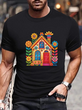 Men's T-Shirt Colorful Blossoms Growing Around Whimsical Folk Art Style House