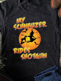 Women's T-Shirt My Schnauzer Rides Shotgun Halloween Moon With Witch Flying And Bats