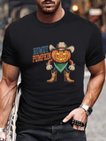 Men's T-Shirt Howdy Pumpkin Western Cowboy With Green Scarf Boots And Grinning Pumpkin Head