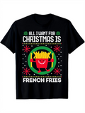 Men's T-Shirt All I Want For Christmas Is French Fries Festive Holiday Pattern Surrounding Smiling Cartoon French Fries Box