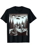 Men's T-Shirt Night Forest Cat Reading A Mysterious Book With Alien Friends