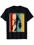 Men's T-Shirt Spearfishing Silhouette Over Vintage Colored Stripes With Diver Catching Fish