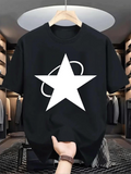 Men's T-Shirt White Star With Orbiting Ring On Stark Black Shirt