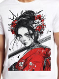 Men's T-Shirt Blossoms And Ink Splatter Surrounding A Fierce Red Kimono Woman