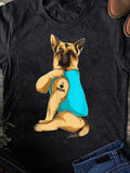 Women's T-Shirt I Love Mom Playful German Shepherd Dog Wearing Blue Shirt
