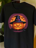 Men's T-Shirt Creepy Night With Bats Glowing Pumpkin Wearing Witch Hat