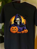 Men's T-Shirt Haunted Night With Hooded Skeleton Among Glowing Pumpkins