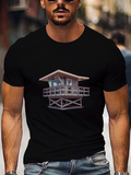 Men's T-Shirt Pastel Striped Hues Framing A Wooden Coastal Lifeguard Tower