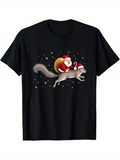 Men's T-Shirt Santa Claus Carrying Gifts Flying Over Snowflakes On Squirrel