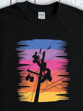 Men's T-Shirt Electric Workers Silhouetted Against Romantic Sunset Colored Sky
