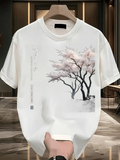 Men's T-Shirt Delicate Pink Blossoms With Ink Wash Tree Silhouette Under Calm Skies Tree