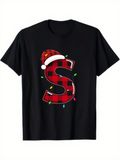 Men's T-Shirt Plaid Pattern Letter S With Christmas Hat Decorated With Holiday Lights