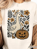 Women's T-Shirt Rustic Floral Arrangement With Pumpkin Among Autumn Goose