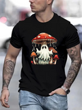 Men's T-Shirt Dripping Psychedelic Forest Mushrooms With Playful Cartoon Ghost