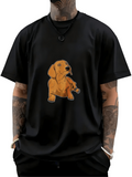 Men's T-Shirt Playful Golden Puppy Sitting Calmly On Black Cotton Fabric Puppy