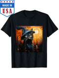 Men's T-Shirt Glowing Full Moon With Mysterious Hat Wearing Black Cat