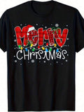 Men's T-Shirt Merry Christmas Red Plaid Lettering With Santa Hat And Festive Lights Christmas