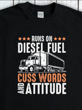 Men's T-Shirt Runs On Diesel Fuel With Bold Star Graphics Next To Powerful Truck