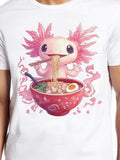 Women's T-Shirt Pink Axolotl With Cute Expression Savoring Noodles Over Decorative Ramen Bowl