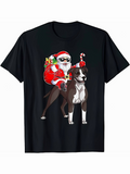 Men's T-Shirt Christmas Santa Claus With Candy Cane Bag Riding Happy Dog