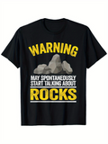 Men's T-Shirt Warning Bold Yellow Letters With Cartoon Stones And Gray Rocks