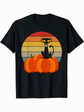 Men's T-Shirt Retro Sunset With Pumpkins And Mysterious Sitting Black Cat