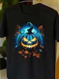 Men's T-Shirt Glowing Blue Jackolantern Surrounded By Autumn Leaves And Mysterious Mist Pumpkin