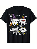Men's T-Shirt Cartoon Teeth With Halloween Decorations Amid Whimsical Stars And Bats