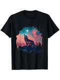 Men's T-Shirt Colorful Night Sky With Glowing Moon Over Howling Lone Wolf