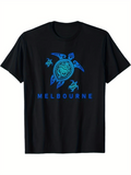 Men's T-Shirt Melbourne Blue Tribal Pattern With Sea Turtle Motif Centered Graceful Turtle