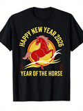 Men's T-Shirt Happy New Year 2026 Radiant Sunrise Featuring Red Running Majestic Horse