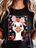 Women's T-Shirt Whimsical Flowers With Dotted Bow Among Sweet Strawberries Goose