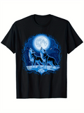 Men's T-Shirt Starry Night Blue Forest With Two Wolves Howling At A Bright Full Moon